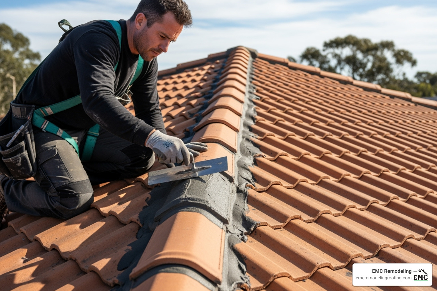 professional roofer applying flexible pointing compound with a trowel - repointing roof tiles professional roofer applying flexible pointing compound with a trowel - repointing roof tiles