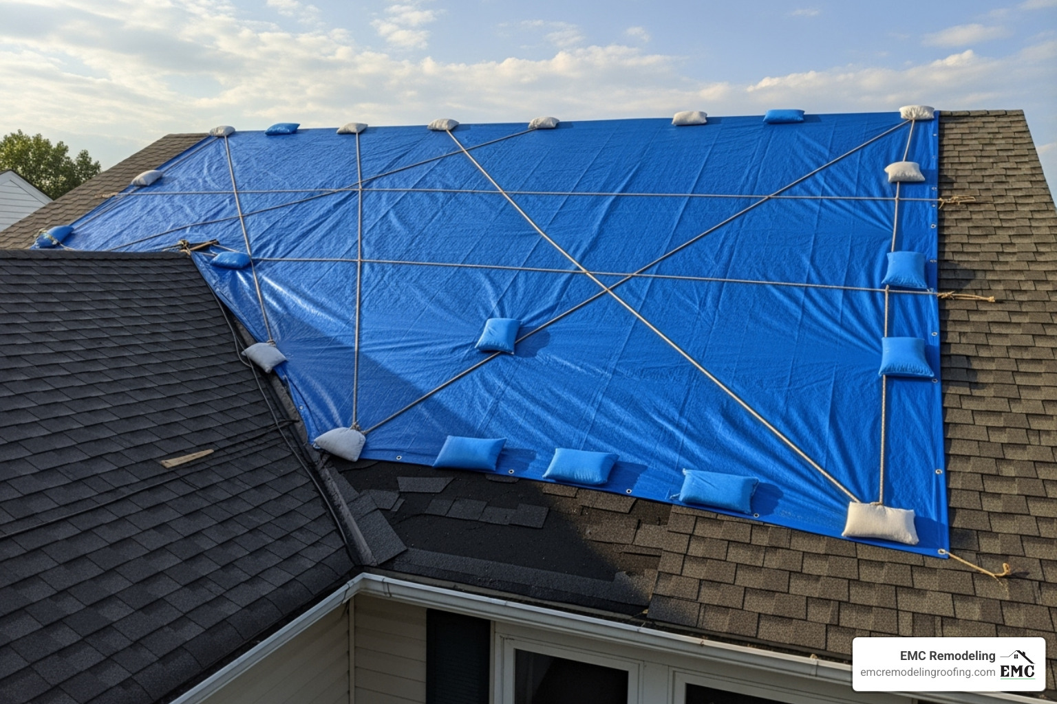A properly installed blue tarp covering a section of a storm-damaged residential roof, secured to prevent further water intrusion. - residential storm damage restoration