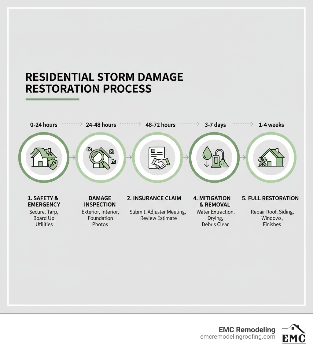 Infographic showing the 5-step residential storm damage restoration process: 1. Safety Assessment and Emergency Services (0-24 hours) - Secure property, tarp roof, board openings, shut off utilities. 2. Comprehensive Damage Inspection (24-48 hours) - Document exterior, interior, foundation damage with photos. 3. Insurance Claim Filing (48-72 hours) - Submit documentation, meet adjuster, review estimate. 4. Water Mitigation and Debris Removal (3-7 days) - Extract water, dry structure, remove damaged materials. 5. Full Restoration and Reconstruction (1-4 weeks) - Repair roof, siding, windows, interior finishes to pre-loss condition. - residential storm damage restoration infographic 
