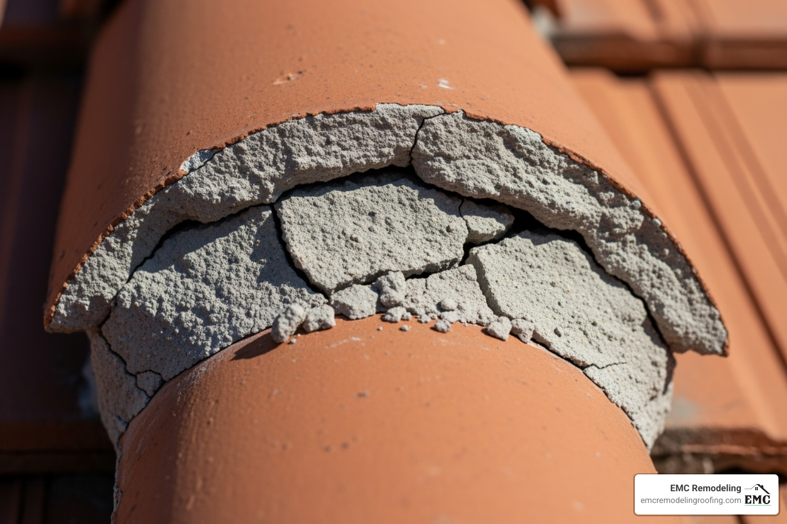 close-up on cracked and crumbling mortar around a ridge cap tile - repointing roof tiles close-up on cracked and crumbling mortar around a ridge cap tile - repointing roof tiles