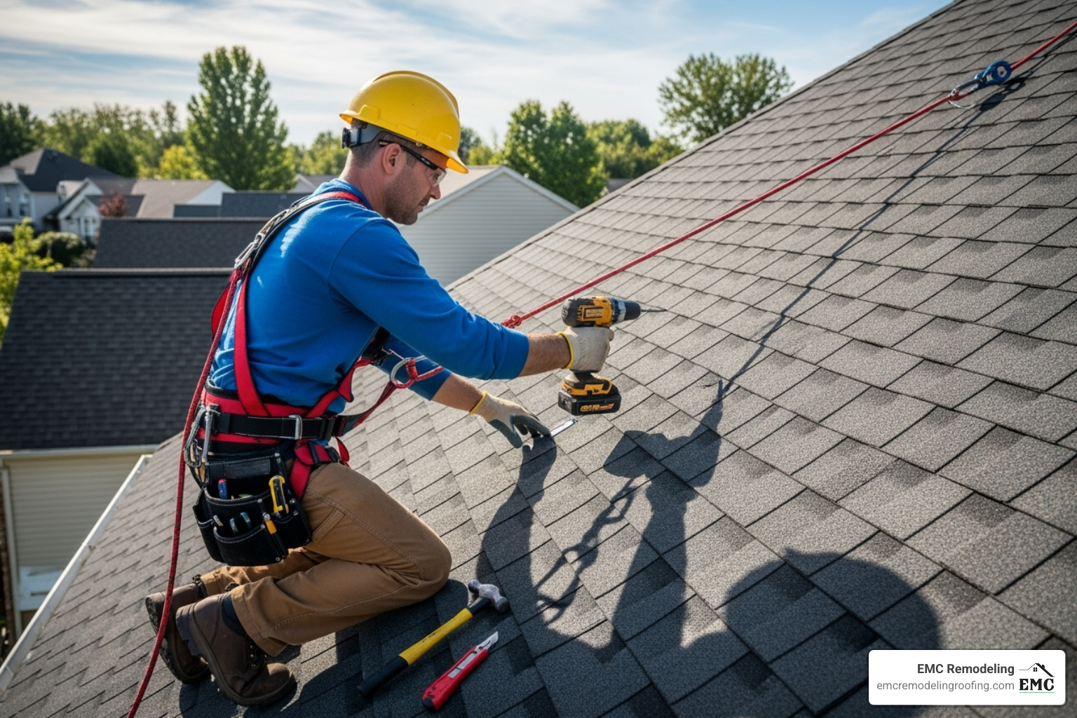 roofer using proper safety equipment like a harness on a steep roof - repointing roof tiles roofer using proper safety equipment like a harness on a steep roof - repointing roof tiles