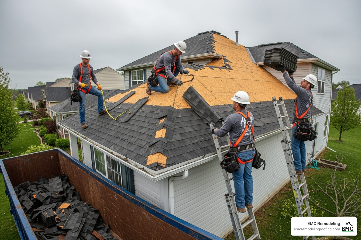 A professional roofing crew in safety gear working on a storm-damaged residential roof, carefully replacing shingles and inspecting the structure. - residential storm damage restoration