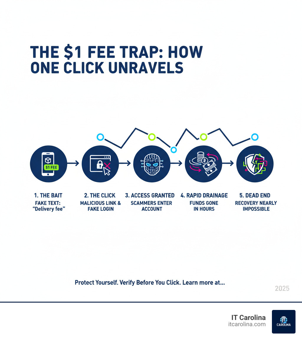 infographic showing the chain reaction from clicking a malicious link: 1) You receive a fake text about a delivery fee, 2) You click the link and enter bank details on a fake website, 3) Scammers gain access to your account, 4) Funds are drained within hours through multiple transfers, 5) Recovery is nearly impossible as money moves through untraceable channels - How One Click Can Cost You $10,000 (and How to Stop It) - real story infographic infographic showing the chain reaction from clicking a malicious link: 1) You receive a fake text about a delivery fee, 2) You click the link and enter bank details on a fake website, 3) Scammers gain access to your account, 4) Funds are drained within hours through multiple transfers, 5) Recovery is nearly impossible as money moves through untraceable channels - How One Click Can Cost You $10,000 (and How to Stop It) - real story infographic
