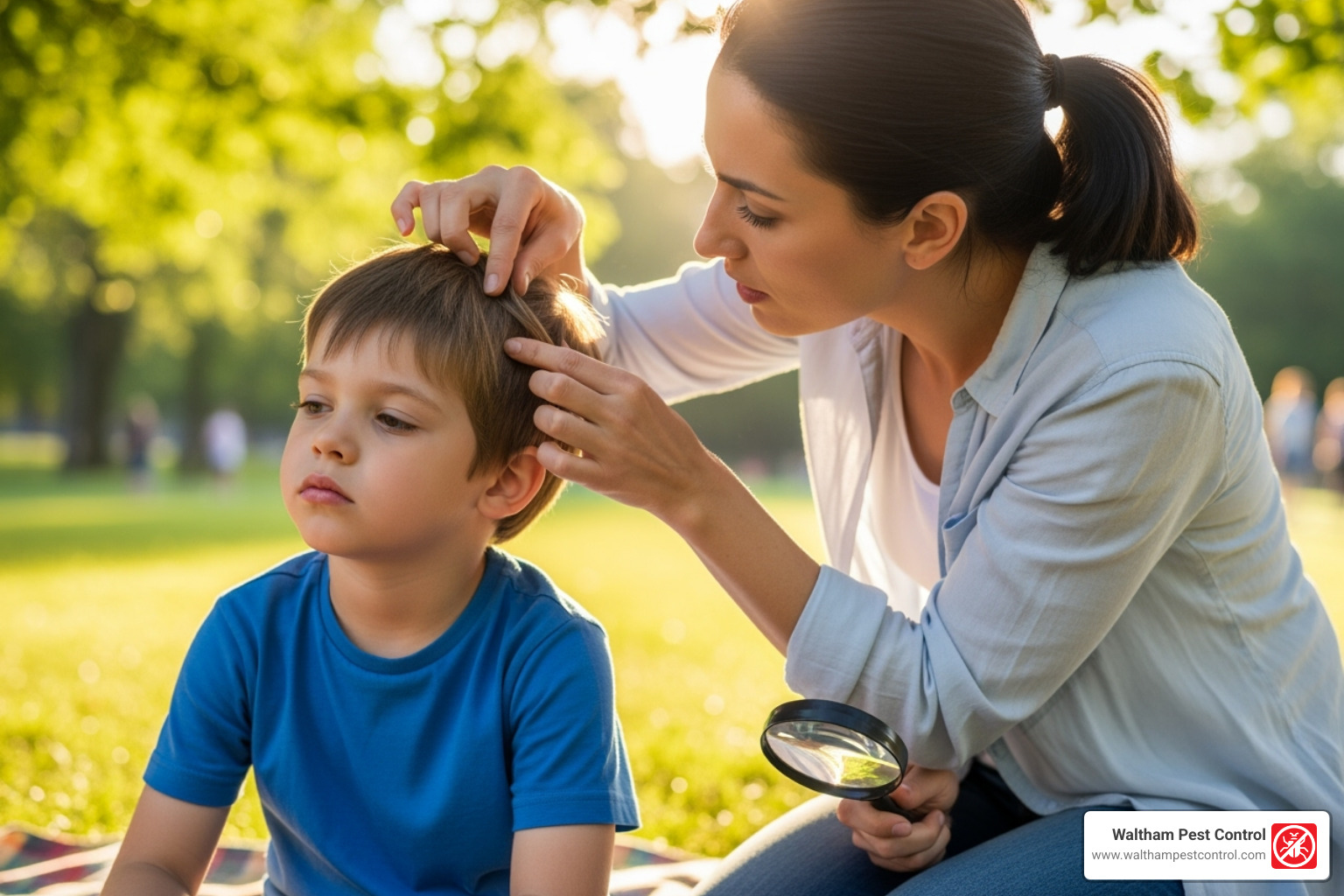 person checking for ticks on child's hairline - tick prevention near me
