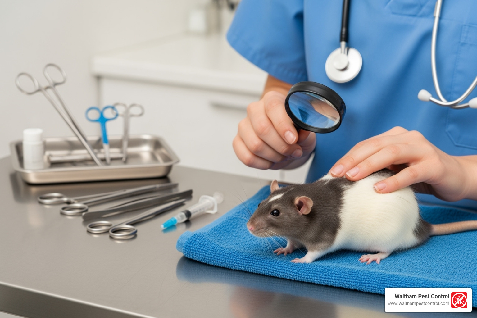 Veterinarian gently examining a small pet rat on a table - best mite treatment for rats Veterinarian gently examining a small pet rat on a table - best mite treatment for rats