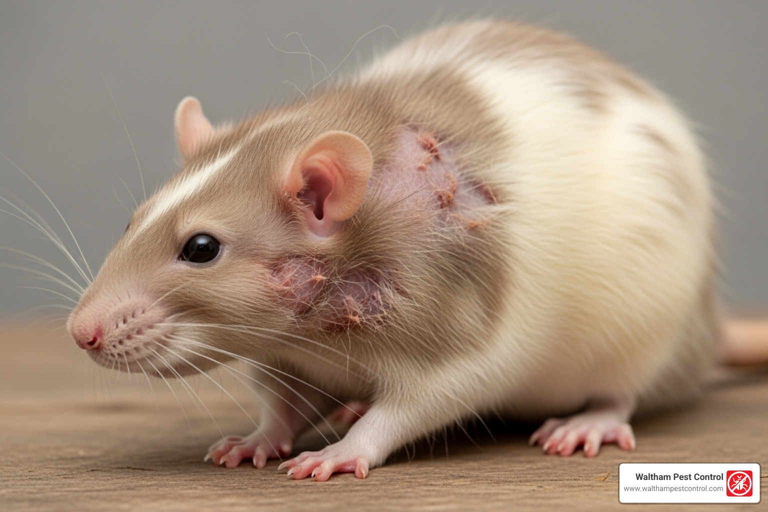 Rat with noticeable scabs and patchy fur around its neck and shoulders - best mite treatment for rats Rat with noticeable scabs and patchy fur around its neck and shoulders - best mite treatment for rats