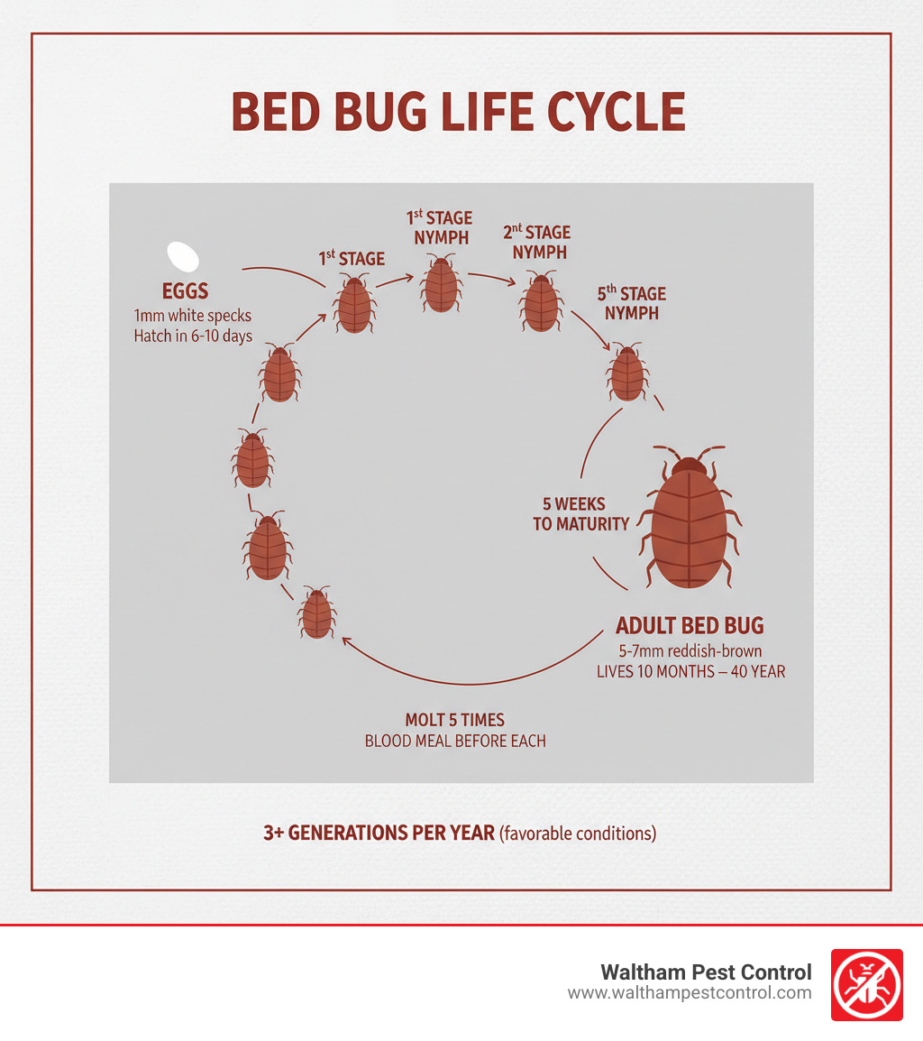 Infographic showing the complete bed bug life cycle: eggs (1mm white specks) hatch in 6-10 days into first-stage nymphs, which molt through five nymph stages over 5 weeks with a blood meal before each molt, finally becoming adults (5-7mm reddish-brown) that can live 10 months to a year and produce 3+ generations per year under favorable conditions - bed bugs bed treatment infographic 