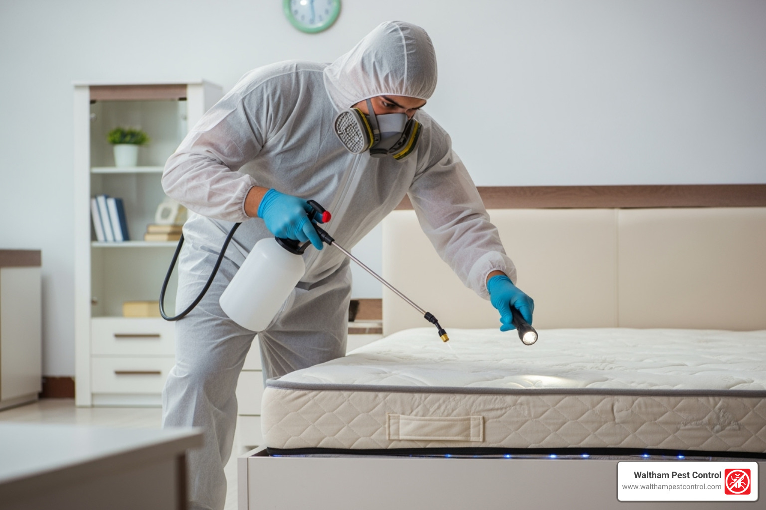 professional pest control technician treating a bedroom - bed bugs bed treatment