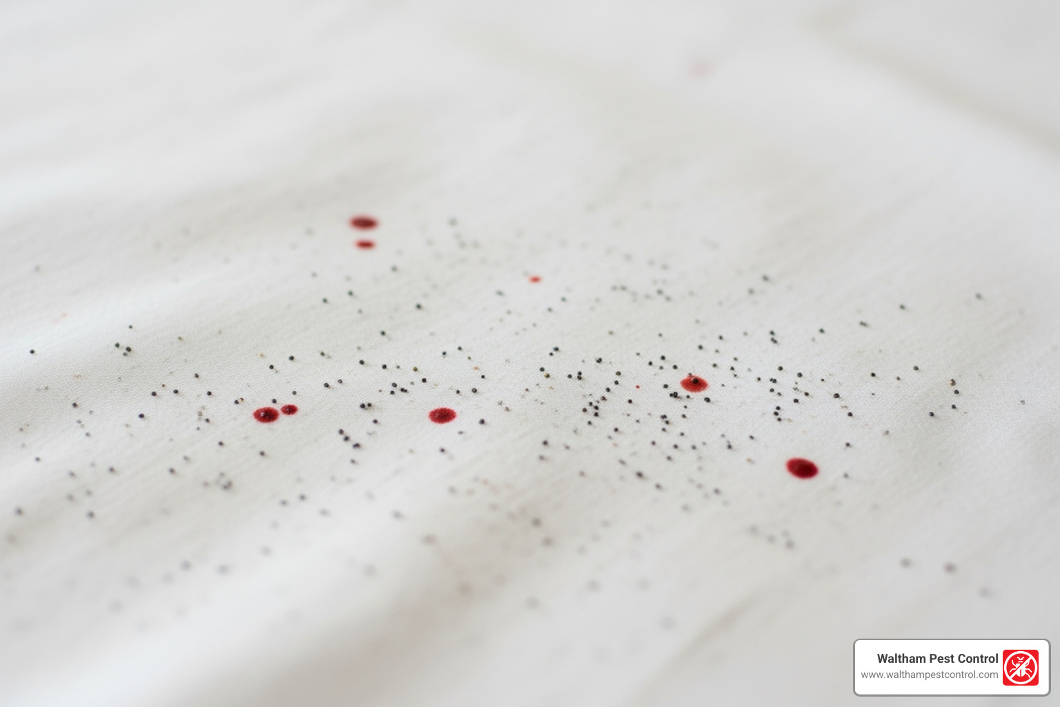 reddish-brown blood spots and dark fecal stains on a white sheet - bed bugs bed treatment