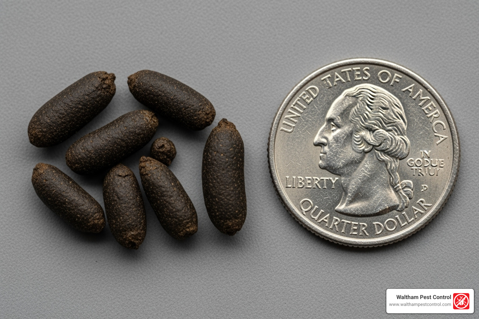 dark, pellet-shaped rat droppings next to a quarter for scale - best thing to get rid of rats