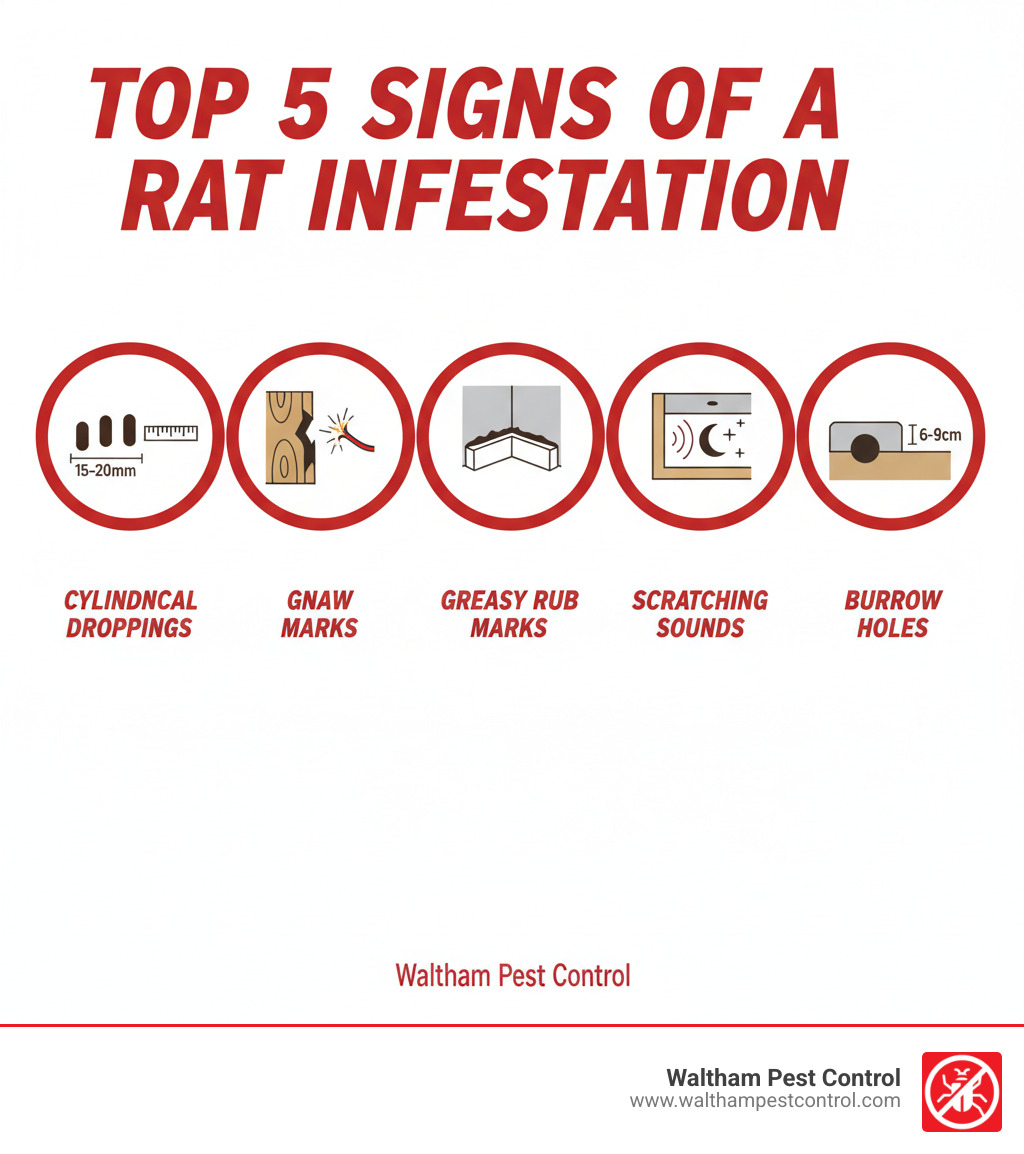infographic showing the top 5 signs of a rat infestation: cylindrical droppings 15-20mm long, gnaw marks on wood and wires, greasy rub marks along walls and baseboards, scratching sounds at night in walls or ceilings, and burrow holes 6-9cm wide near foundations - best thing to get rid of rats infographic 