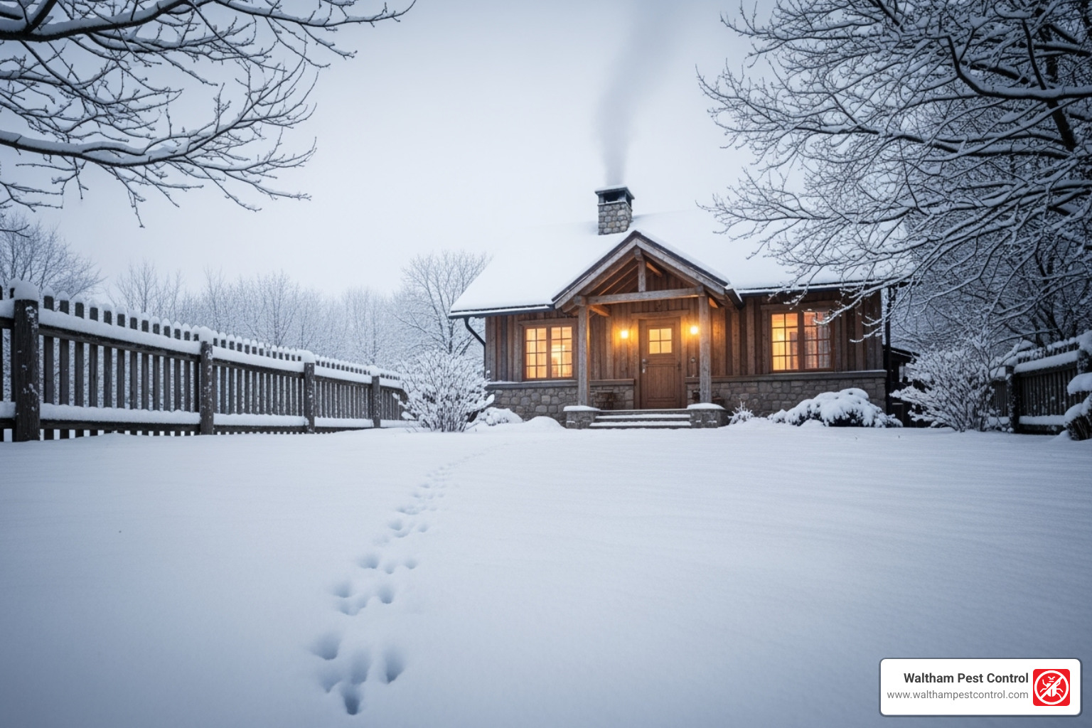 winter scene with rodent tracks in the snow leading to a house - concord ma pest control