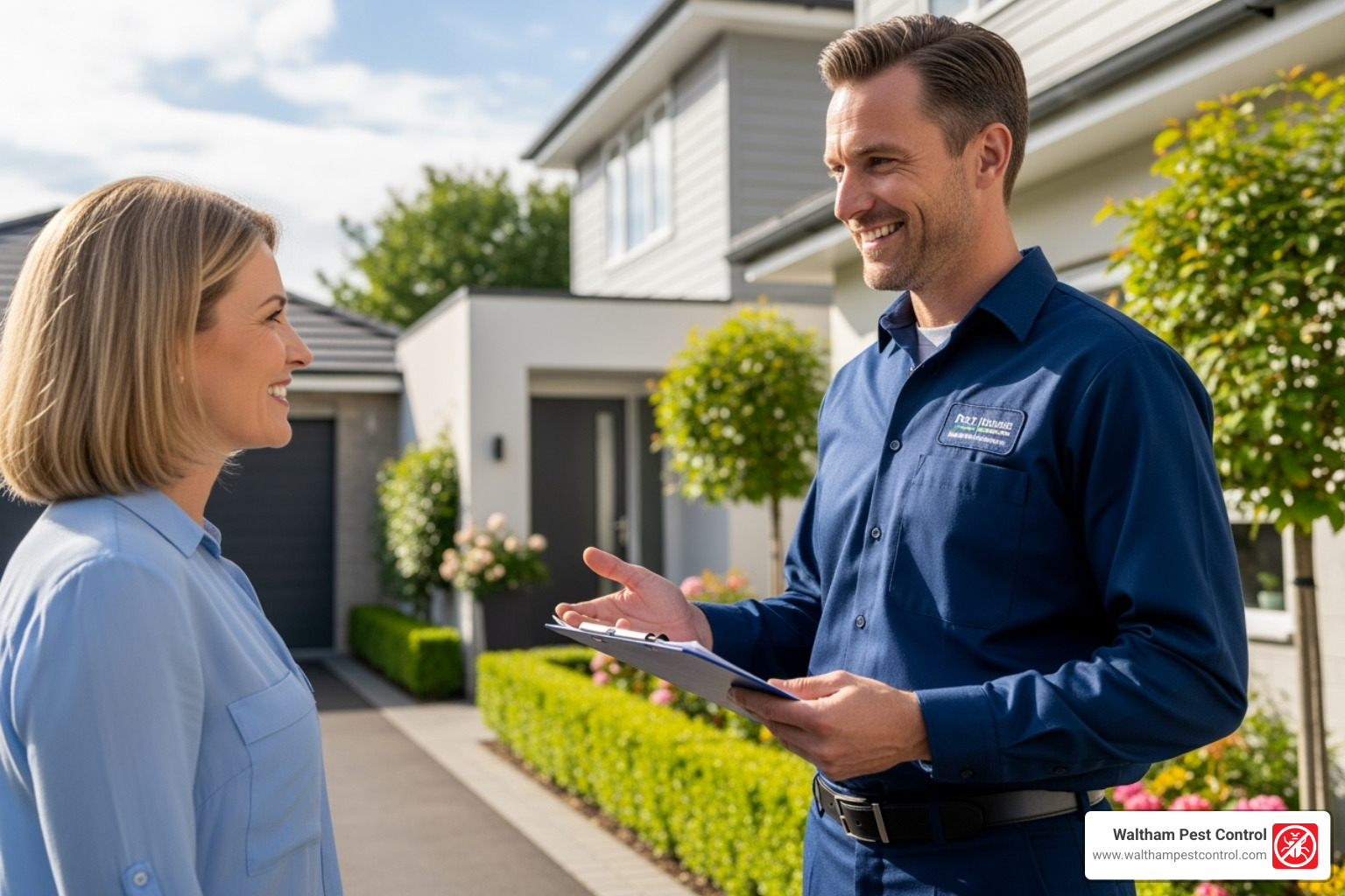 friendly technician speaking with a homeowner - concord ma pest control