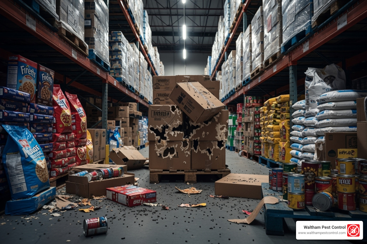 damaged inventory in a warehouse caused by rodents - industrial pest control services