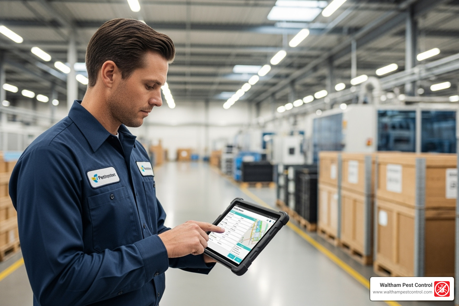 pest control technician using a tablet for digital reporting in a factory - industrial pest control services