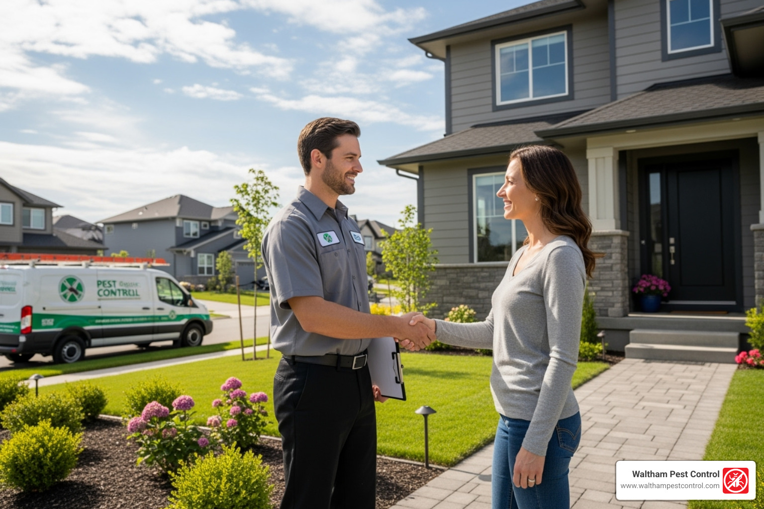 homeowner shaking hands with pest control professional - top rated termite companies near me