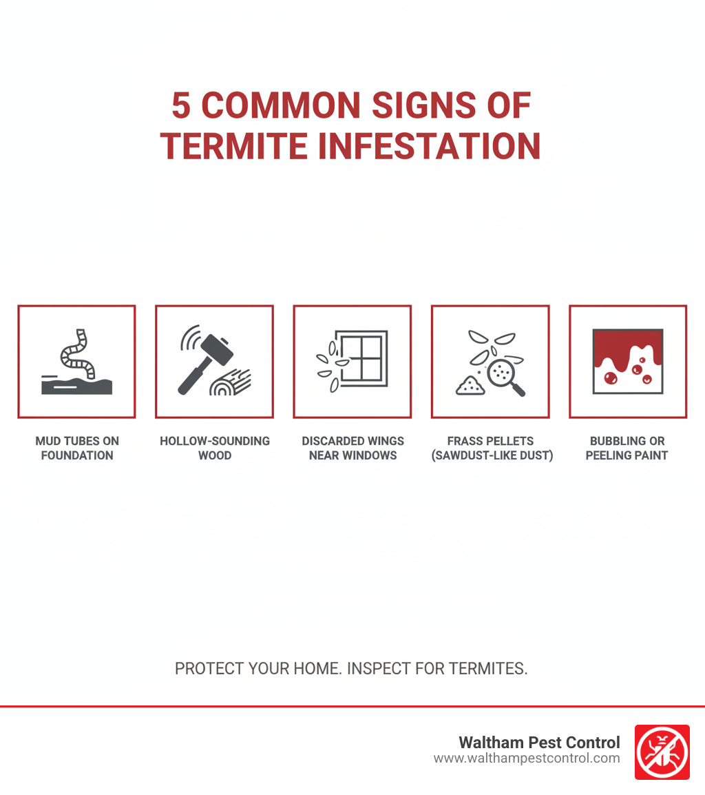 infographic showing the 5 most common signs of termite infestation: mud tubes on foundation, hollow-sounding wood, discarded wings near windows, frass pellets that look like sawdust, and bubbling or peeling paint - top rated termite companies near me infographic 