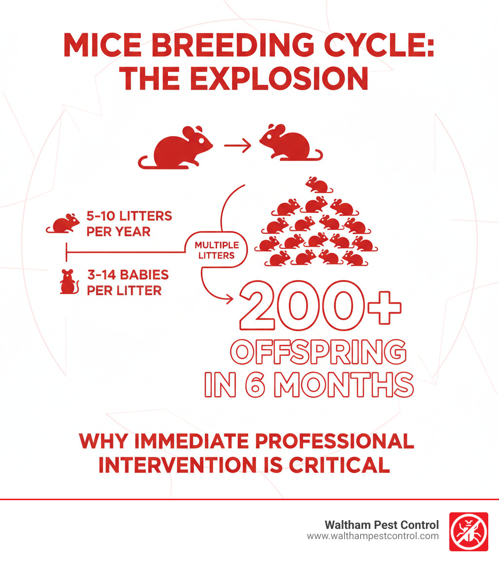 Infographic showing mouse breeding cycle: two mice can produce 200+ offspring in 6 months through multiple litters, with each female mouse capable of having 5-10 litters per year of 3-14 babies each, illustrating why immediate professional intervention is critical - mice control services near me infographic 