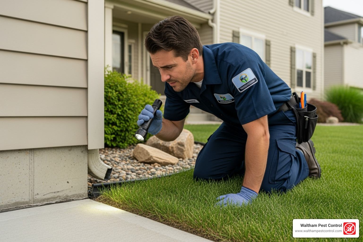 technician inspecting home foundation - mice control services near me