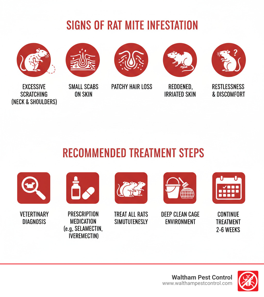 Infographic showing common signs of rat mite infestation including excessive scratching at neck and shoulders, small scabs on skin, patchy hair loss, reddened irritated skin, restlessness and discomfort, and the recommended treatment steps of veterinary diagnosis, prescription medication like Selamectin or Ivermectin, treating all rats simultaneously, deep cleaning the cage environment, and continuing treatment for 2-6 weeks - best mite treatment for rats infographic Infographic showing common signs of rat mite infestation including excessive scratching at neck and shoulders, small scabs on skin, patchy hair loss, reddened irritated skin, restlessness and discomfort, and the recommended treatment steps of veterinary diagnosis, prescription medication like Selamectin or Ivermectin, treating all rats simultaneously, deep cleaning the cage environment, and continuing treatment for 2-6 weeks - best mite treatment for rats infographic