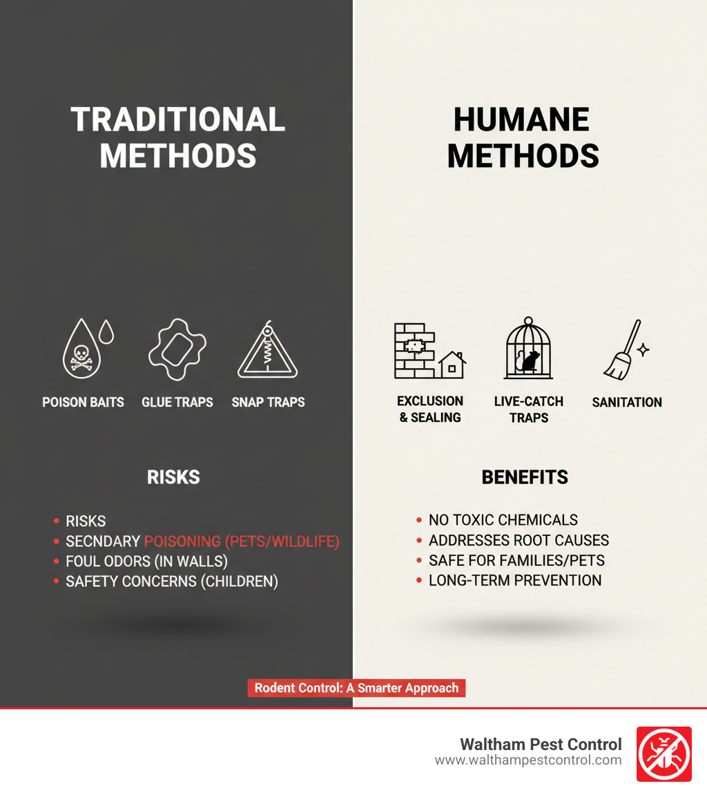 Infographic comparing traditional vs humane rodent control methods: Traditional shows poison baits, glue traps, and snap traps with risks like secondary poisoning to pets and wildlife, foul odors from dead rodents in walls, and safety concerns for children. Humane shows exclusion sealing, live-catch traps, and sanitation with benefits like no toxic chemicals, addresses root causes, safe for families and pets, and long-term prevention - humane rodent control near me infographic 