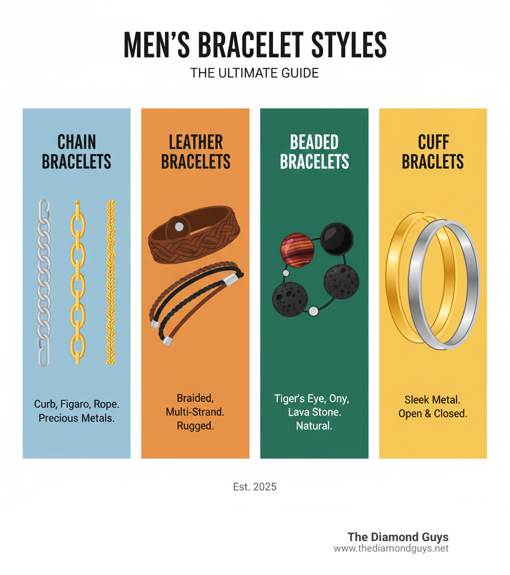 Infographic showing the four main types of men's bracelets: Chain bracelets featuring curb, figaro, and rope styles in precious metals; Leather bracelets with braided and multi-strand designs; Beaded bracelets made from natural stones like tiger's eye, onyx, and lava stone; and Cuff bracelets with sleek, minimalist metal designs in both open and closed styles - bracelet for men infographic  Infographic showing the four main types of men's bracelets: Chain bracelets featuring curb, figaro, and rope styles in precious metals; Leather bracelets with braided and multi-strand designs; Beaded bracelets made from natural stones like tiger's eye, onyx, and lava stone; and Cuff bracelets with sleek, minimalist metal designs in both open and closed styles - bracelet for men infographic