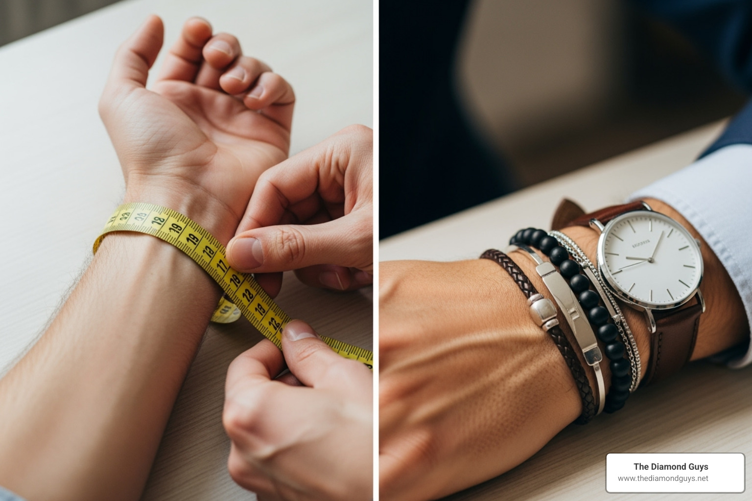 a man's wrist showing how to measure for a bracelet and another image showing a well-styled stack with a watch - bracelet for men a man's wrist showing how to measure for a bracelet and another image showing a well-styled stack with a watch - bracelet for men
