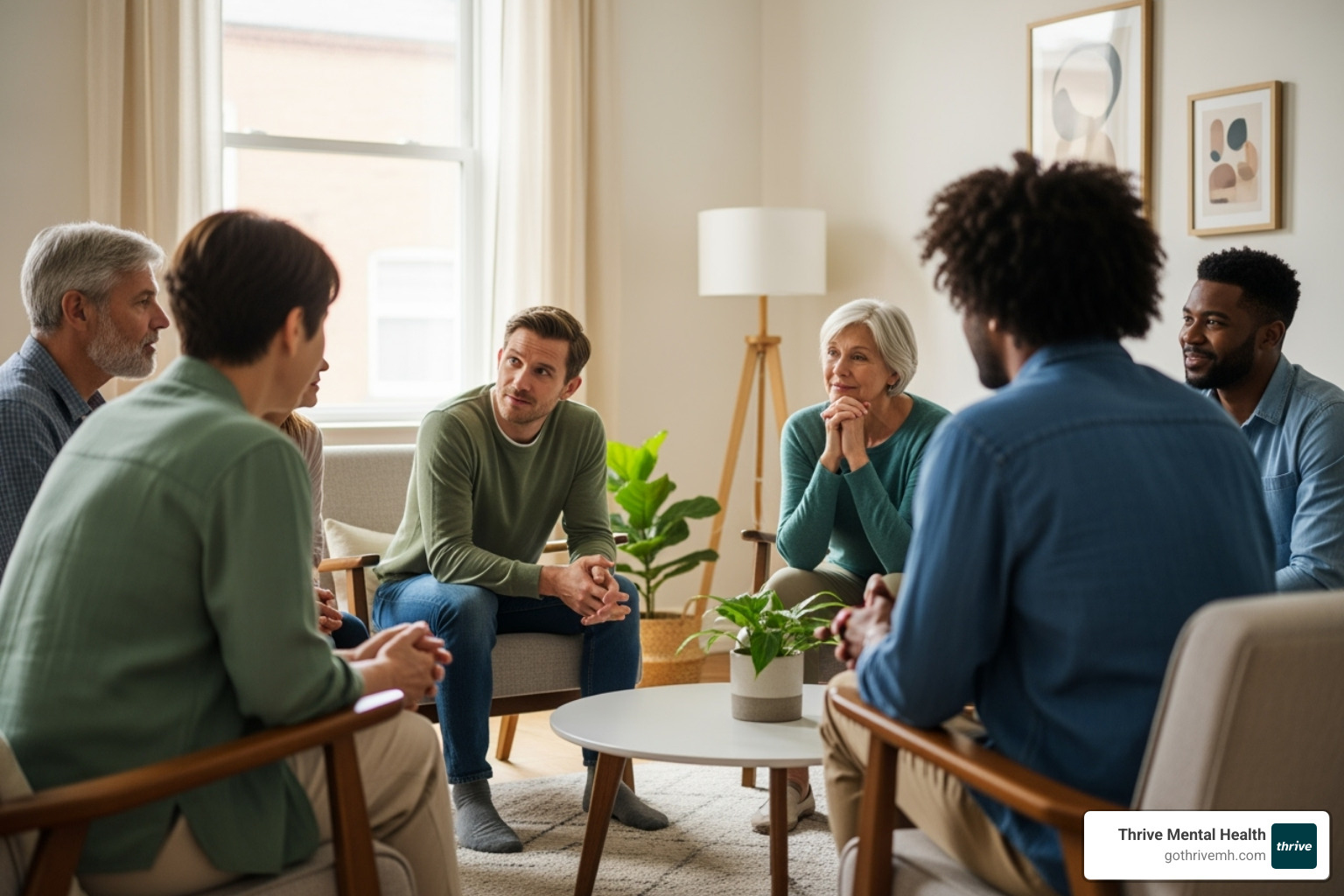 Diverse adults in a supportive group therapy session, all engaged and listening, symbolizing connection and healing in an Intensive Outpatient Program. - Find Intensive Outpatient Programs for adults in Tampa Bay, Florida.