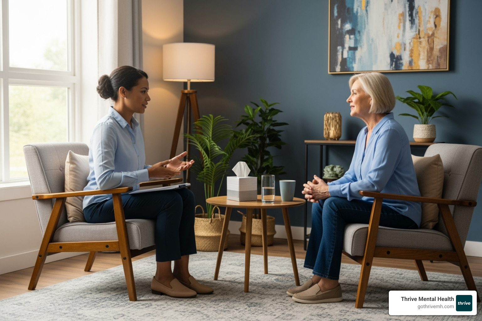 Therapist and adult in a one-on-one therapy session, engaged in a calm and supportive conversation. The setting is warm and professional. - Find Intensive Outpatient Programs for adults in Tampa Bay, Florida.