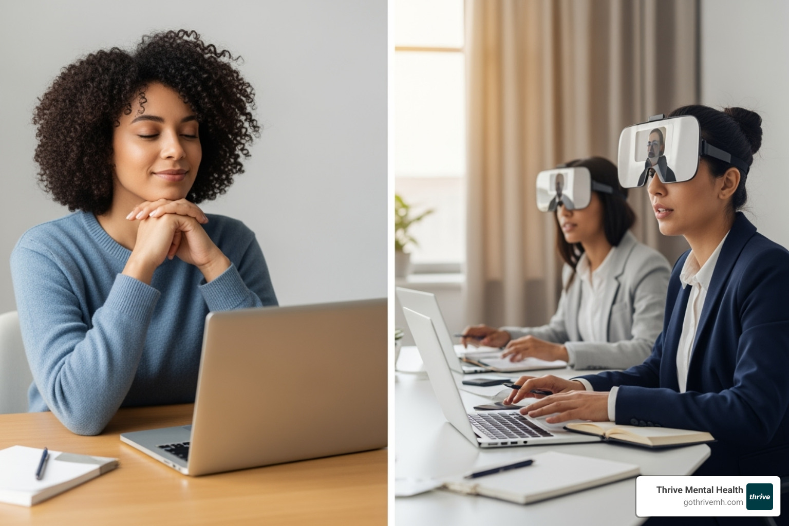 Split screen: young professional in virtual therapy session and work meeting, showing work-life balance - "What are the best behavioral health IOP options in Indianapolis for young professionals?"