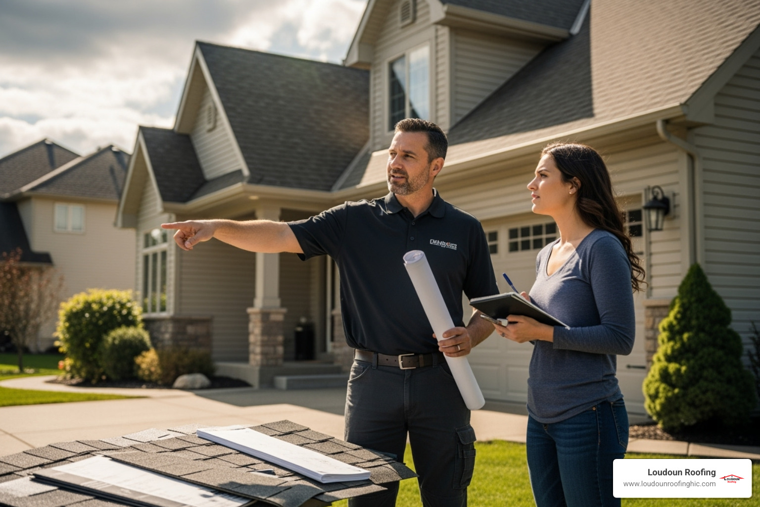roofing contractor discussing project plan with homeowner - Roofing companies Leesburg VA