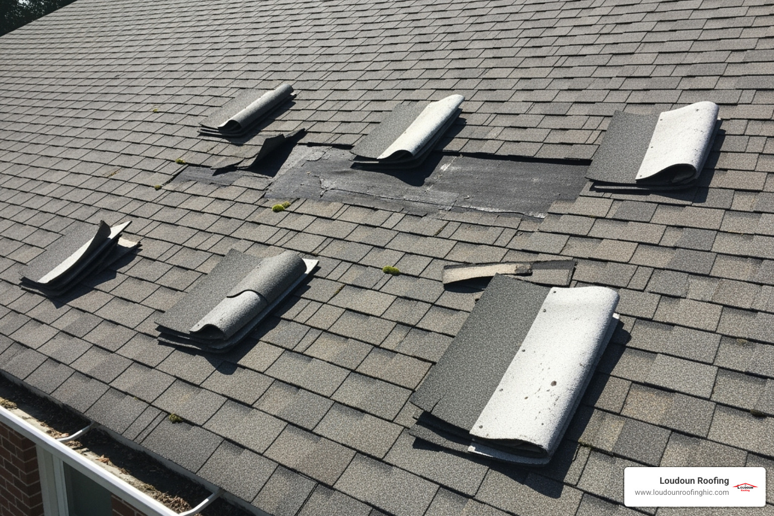 Image of curling and missing asphalt shingles on a roof - replace roof mclean va
