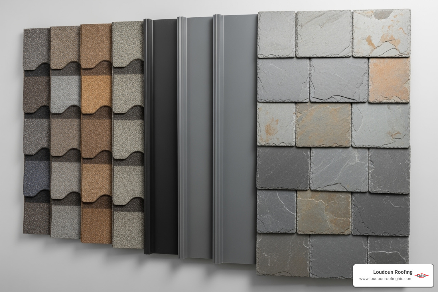 Image of various roofing material samples like asphalt shingles, metal panels, and slate tiles - replace roof mclean va