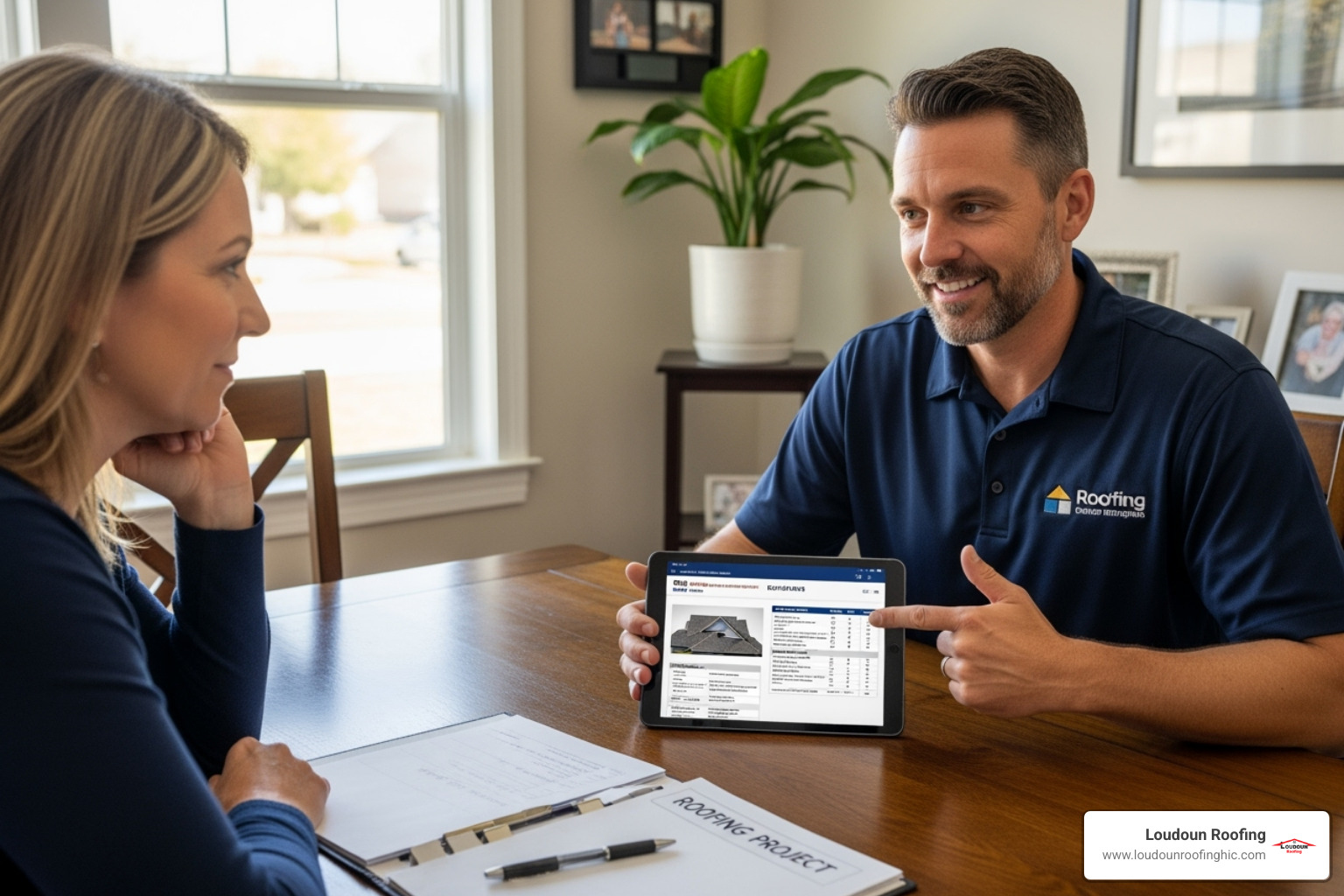 Image of a roofing contractor providing a detailed estimate to a homeowner - replace roof mclean va