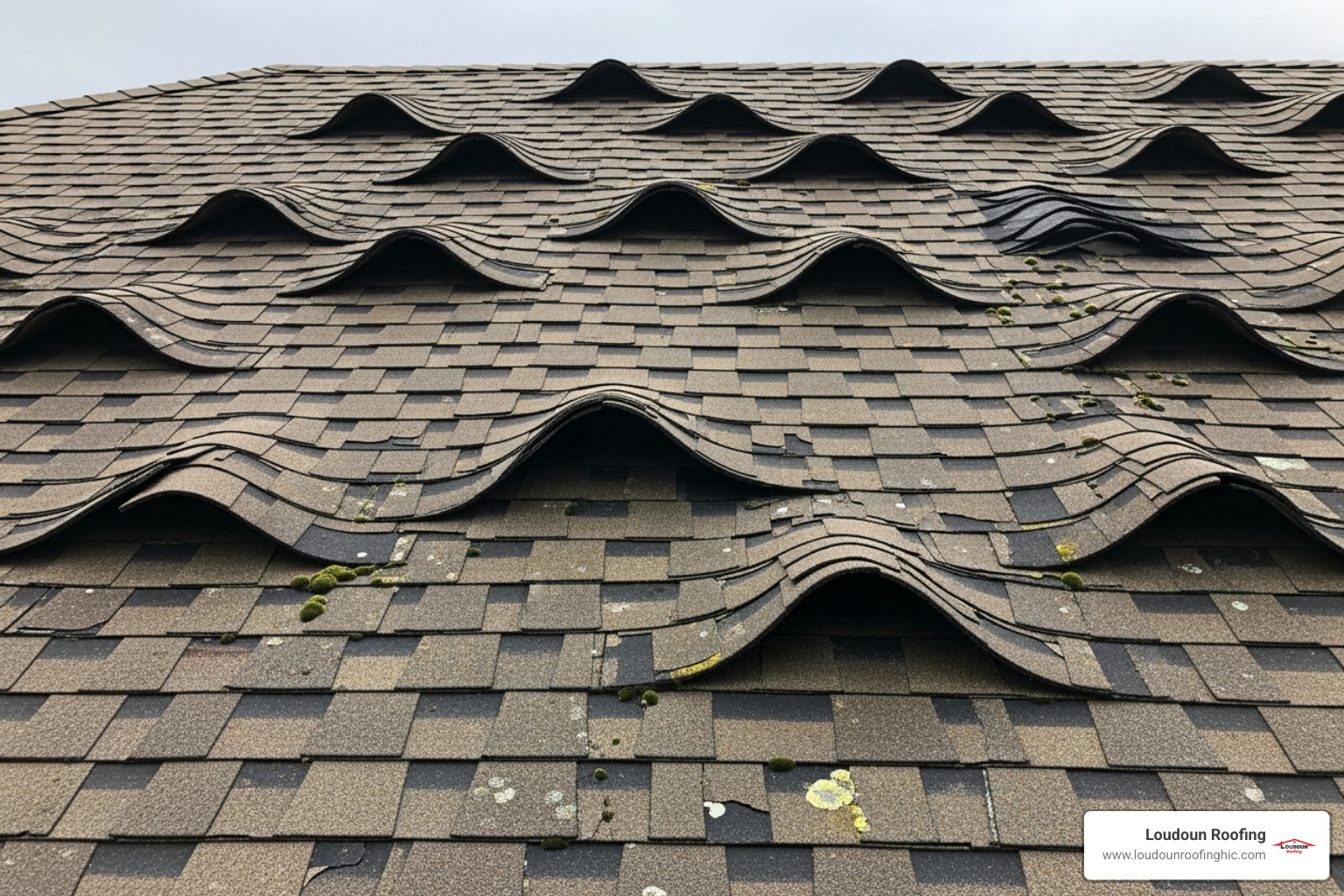 An old asphalt roof with visible signs of curling and buckling shingles, indicating severe wear and tear and potential need for replacement. - replacing your roof