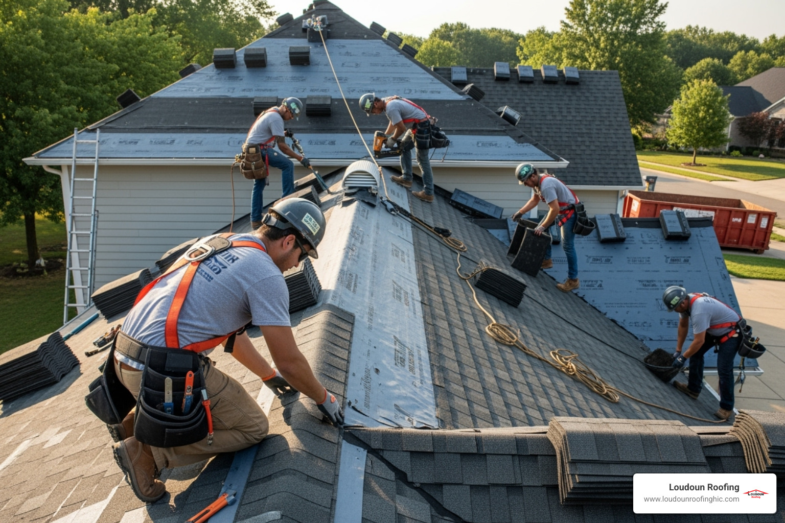 A professional roofing crew carefully installing new shingles on a residential roof, demonstrating teamwork and attention to detail. - replacing your roof