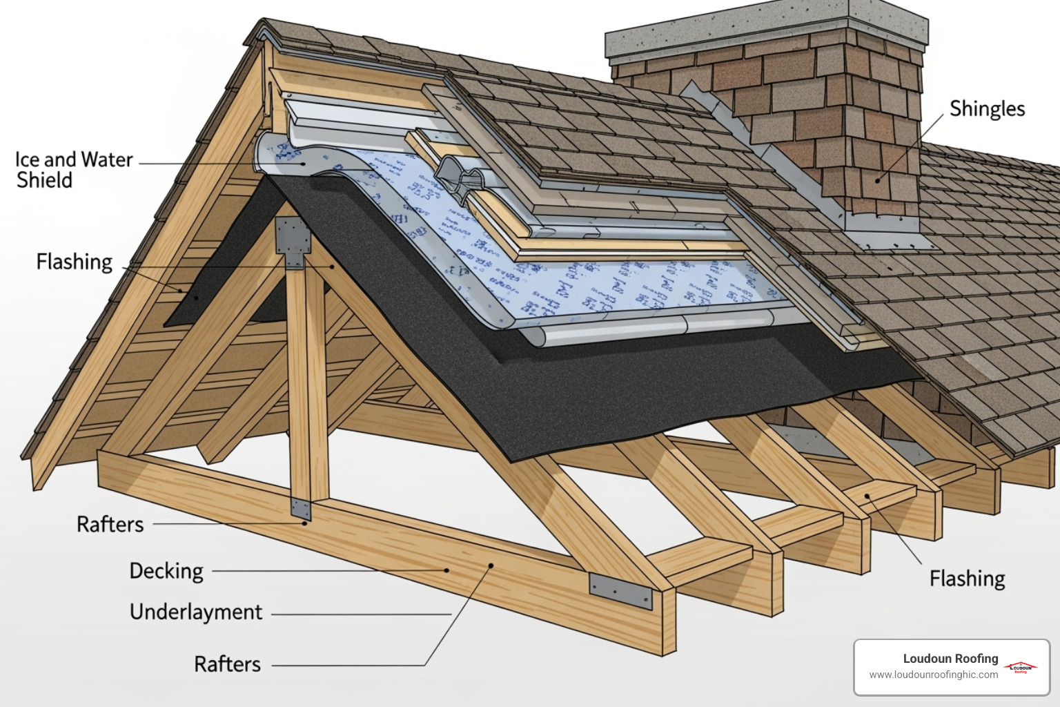 A detailed cross-section diagram showing the various layers of a residential roof system, including rafters, decking, underlayment, ice and water shield, flashing, and shingles. - replacing your roof