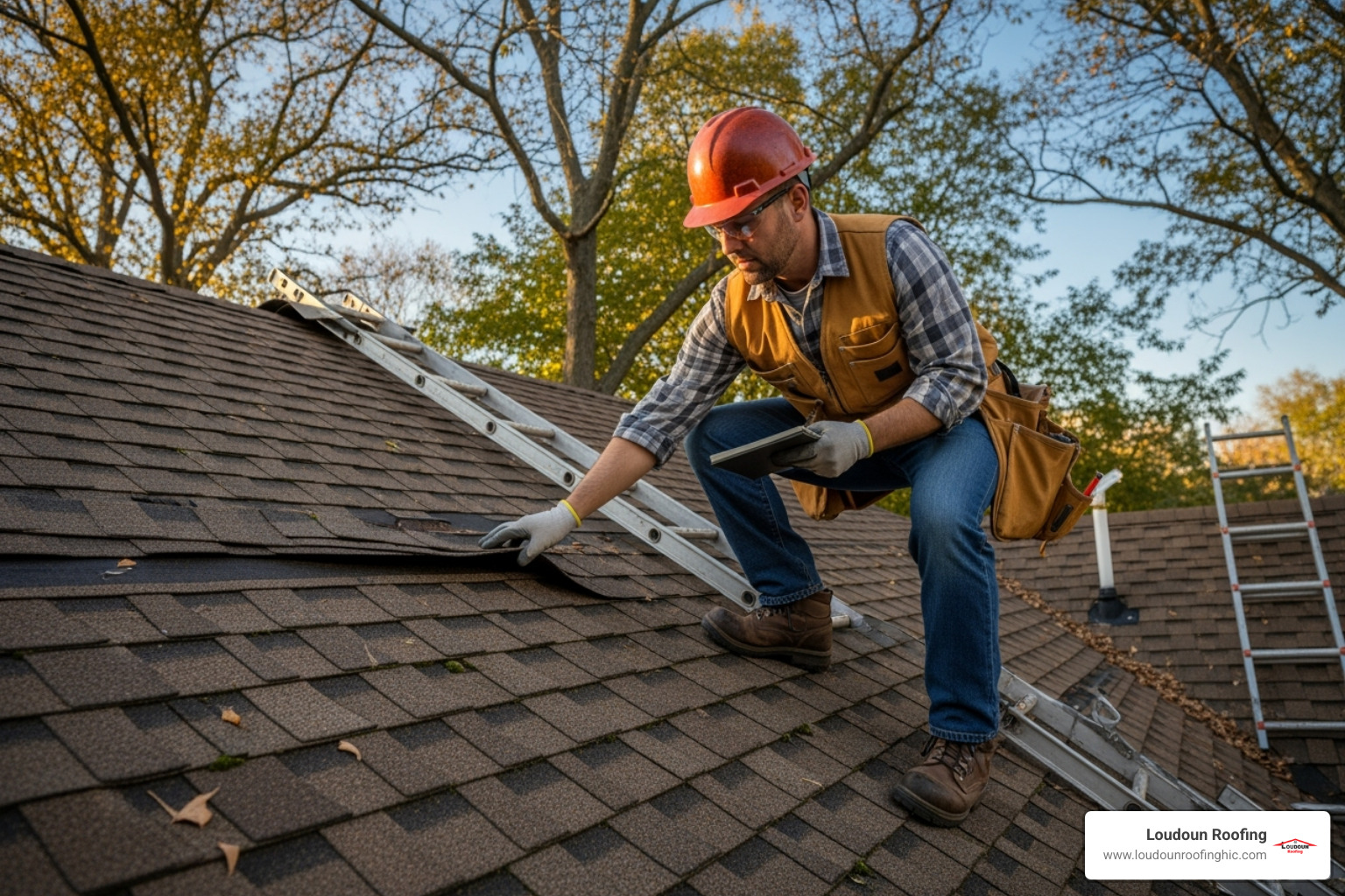 roofer inspecting old asphalt shingle roof - can you install a metal roof over asphalt shingles