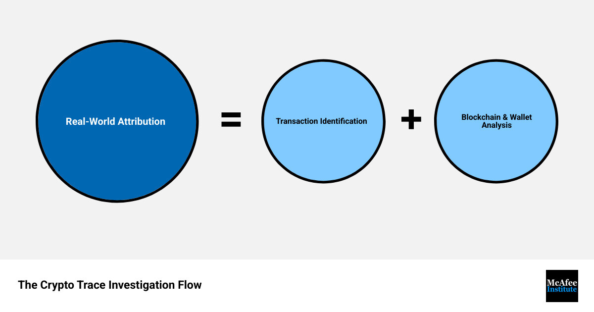 infographic showing the flow of a crypto trace investigation from transaction identification through blockchain analysis to real-world attribution - crypto trace infographic sum_of_parts