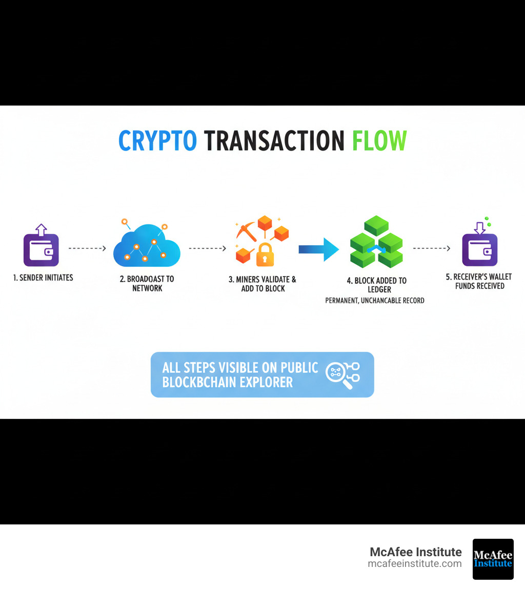 Infographic showing the basic flow of a crypto transaction: sender initiates transaction from wallet, transaction broadcast to blockchain network, miners validate and add to block, block added to permanent ledger, receiver's wallet shows incoming funds, all steps visible on public blockchain explorer - crypto tracing infographic Infographic showing the basic flow of a crypto transaction: sender initiates transaction from wallet, transaction broadcast to blockchain network, miners validate and add to block, block added to permanent ledger, receiver's wallet shows incoming funds, all steps visible on public blockchain explorer - crypto tracing infographic