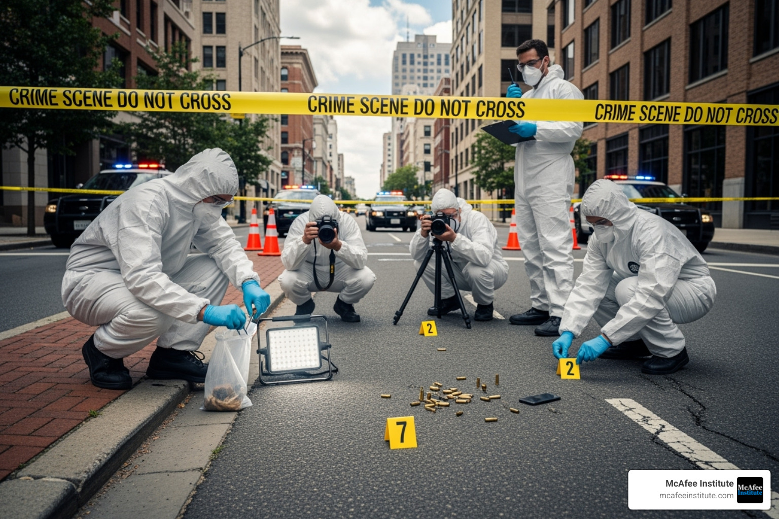 Crime scene with evidence markers and forensic investigators working - what do criminal profilers do Crime scene with evidence markers and forensic investigators working - what do criminal profilers do