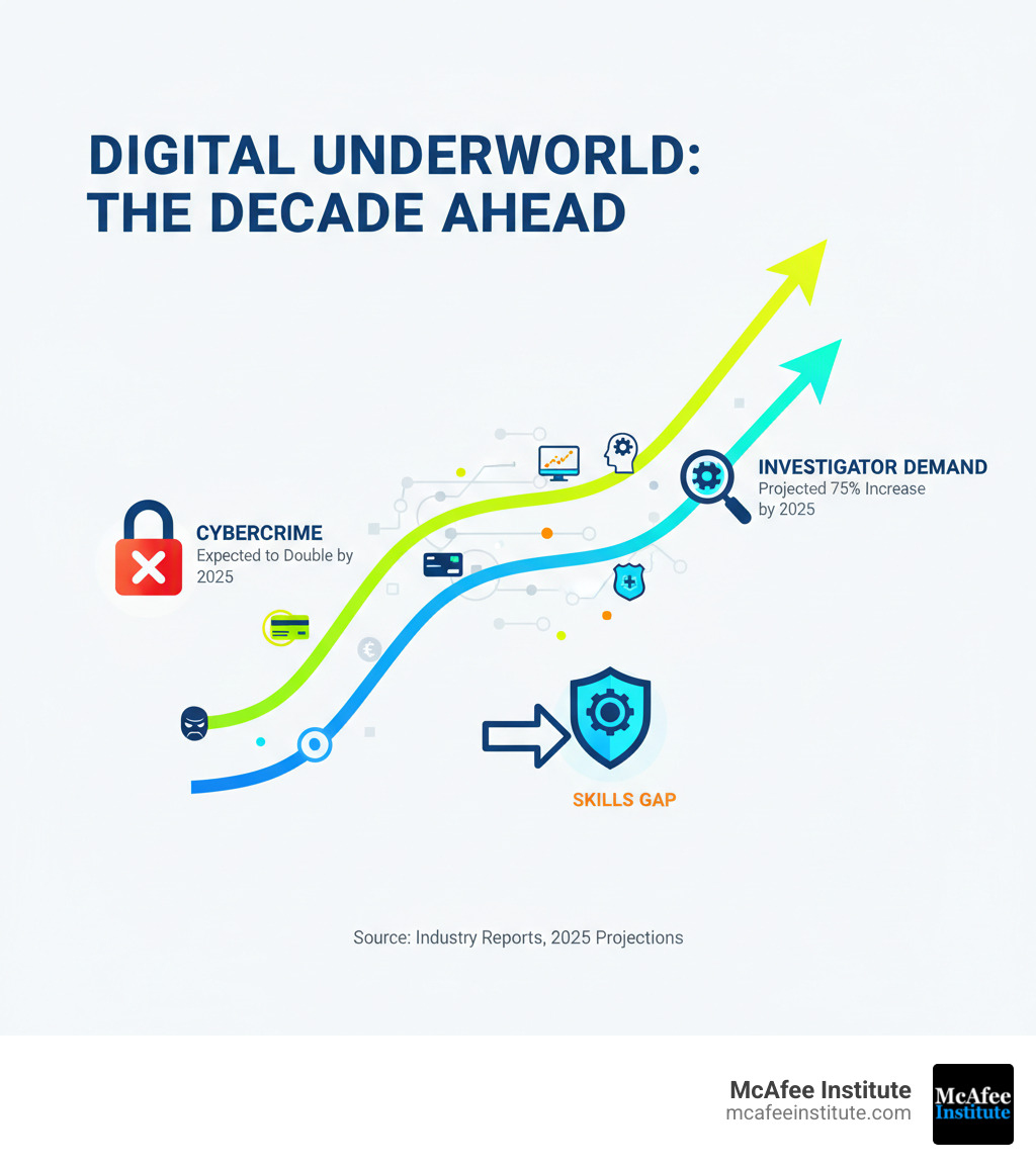 infographic showing the growth of cybercrime and the corresponding demand for investigators over the next decade - cyber crime investigation course infographic infographic showing the growth of cybercrime and the corresponding demand for investigators over the next decade - cyber crime investigation course infographic