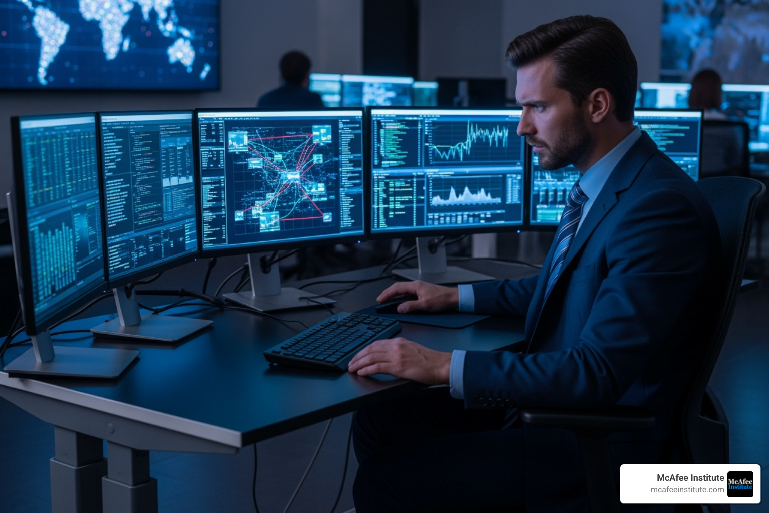 an investigator analyzing data on multiple monitors - cyber crime investigation course an investigator analyzing data on multiple monitors - cyber crime investigation course