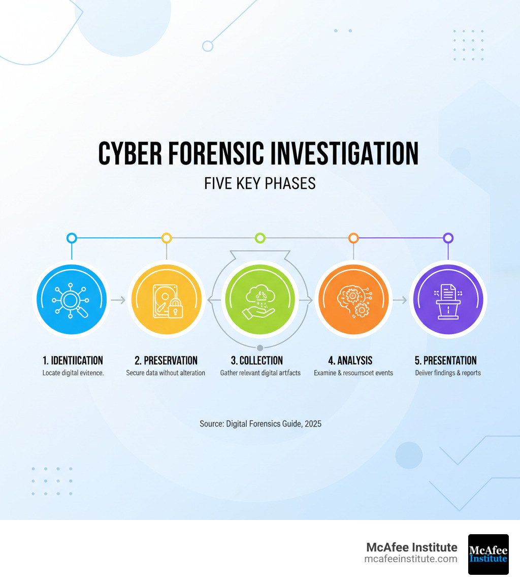 infographic showing the five key phases of a cyber forensic investigation: identification, preservation, collection, analysis, and presentation, with icons representing each phase and brief descriptions of what occurs at each step - what is cyber forensic investigation infographic 