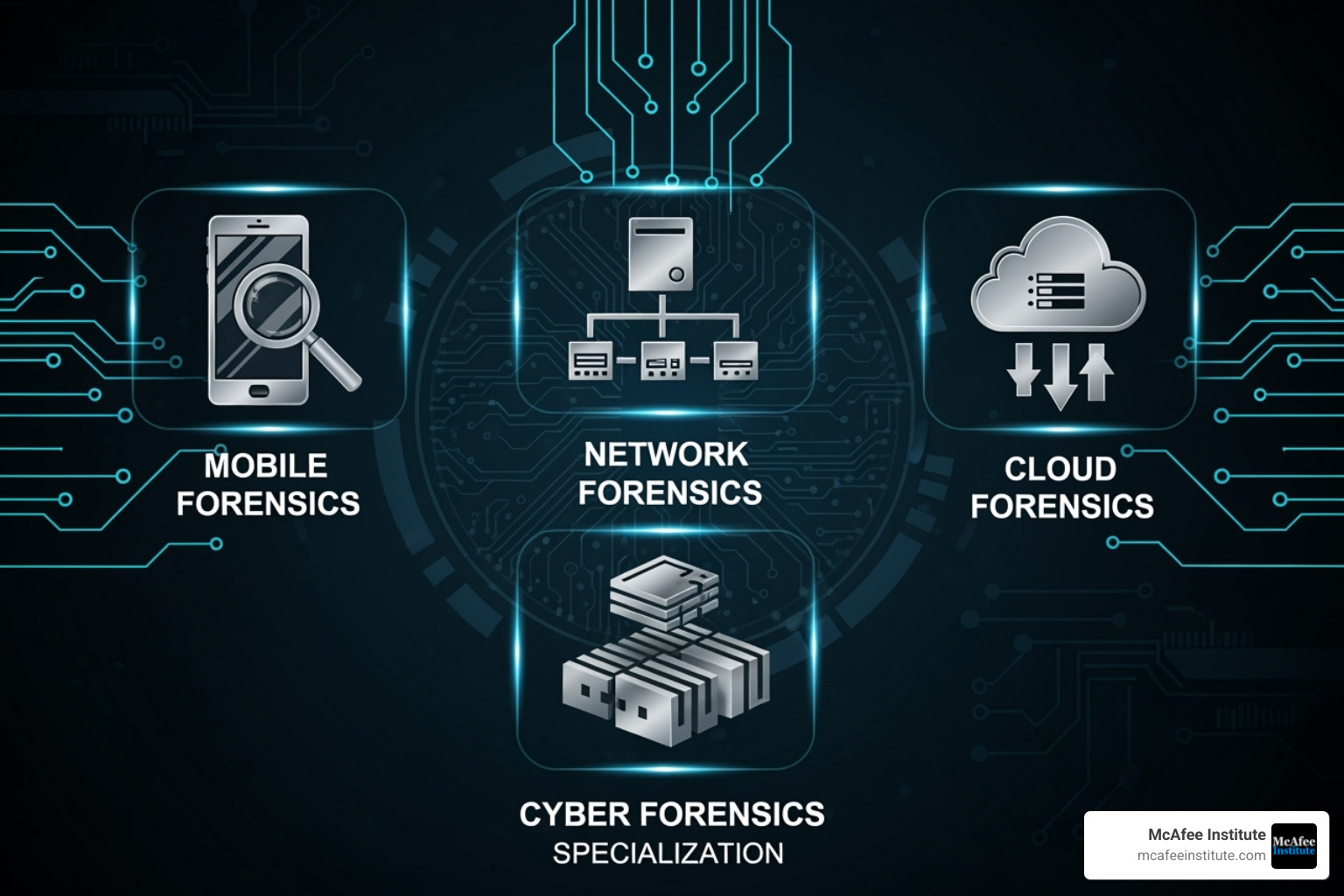 Different types of cyber forensics specializations represented by icons for mobile devices, networks, and cloud computing. - what is cyber forensic investigation