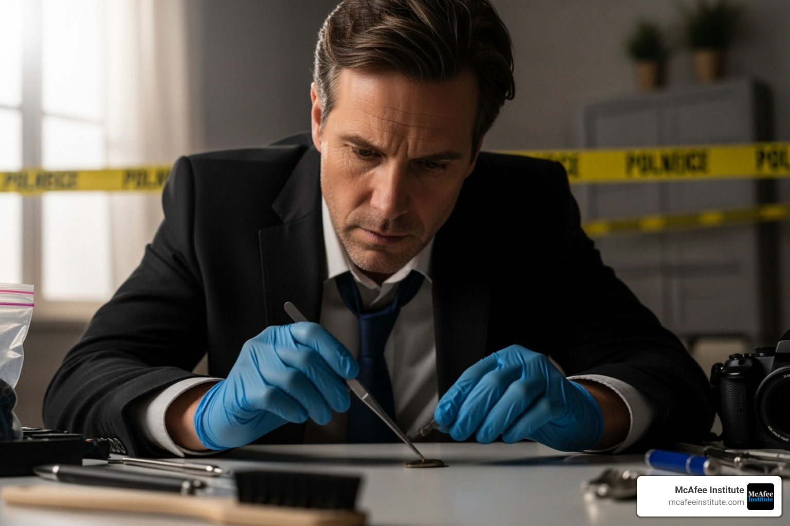 Detective analyzing clues at a crime scene - behavioral analysis in law enforcement Detective analyzing clues at a crime scene - behavioral analysis in law enforcement