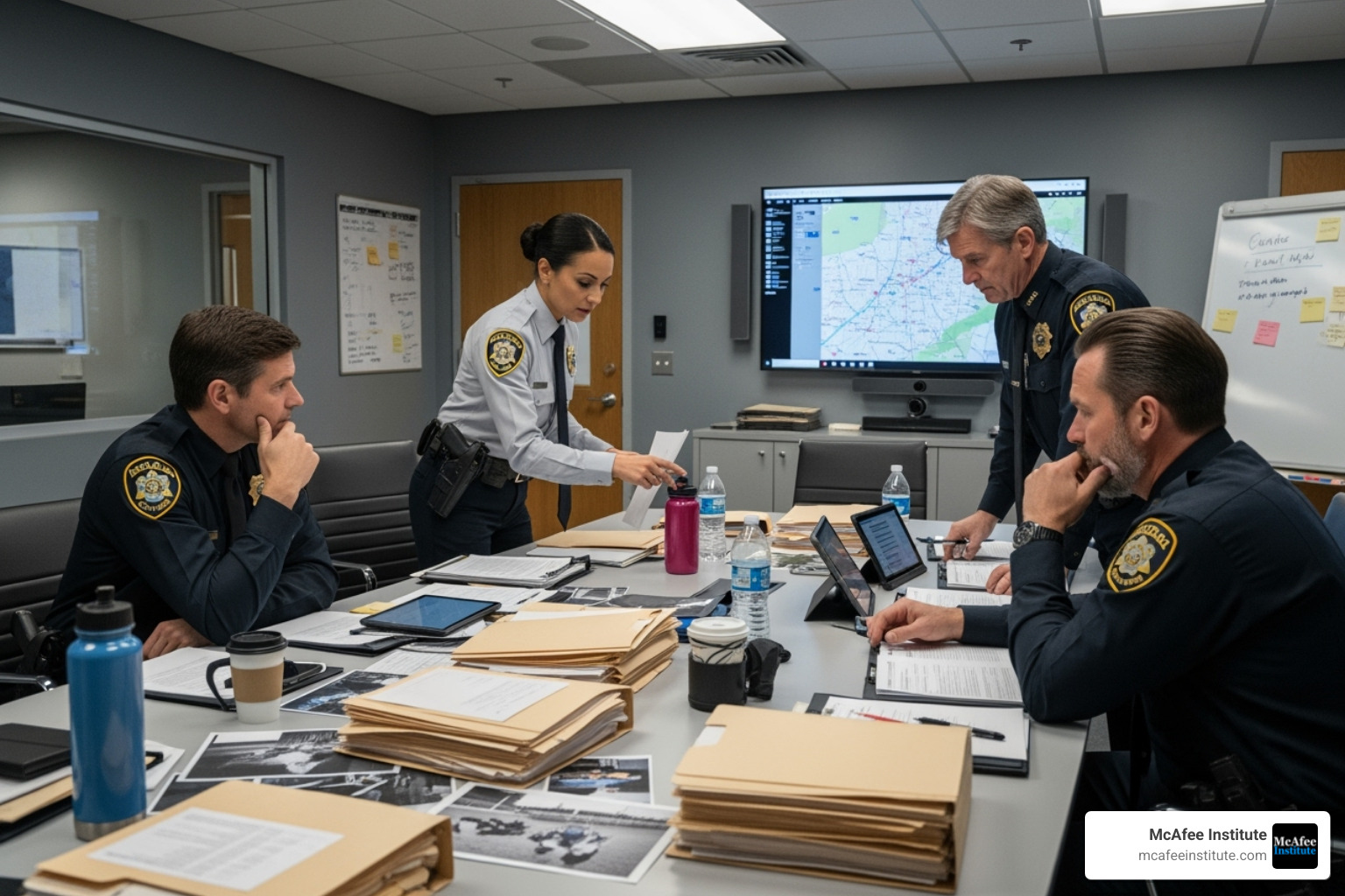 Law enforcement officers in a briefing room reviewing case files - behavioral analysis in law enforcement Law enforcement officers in a briefing room reviewing case files - behavioral analysis in law enforcement