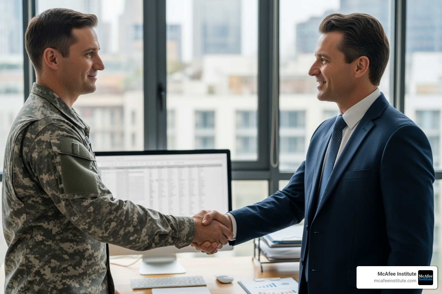 Soldier in uniform shaking hands with a civilian employer in a professional setting - credentialing assistance approved certifications Soldier in uniform shaking hands with a civilian employer in a professional setting - credentialing assistance approved certifications