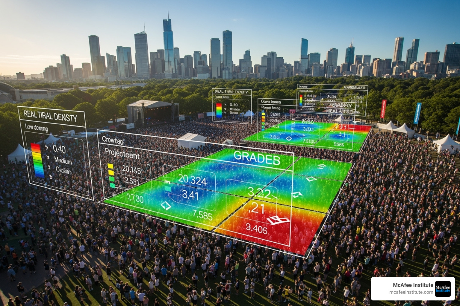 Drone monitoring a public event with crowd analysis overlays - AI and data-driven decision-making for public safety leaders Drone monitoring a public event with crowd analysis overlays - AI and data-driven decision-making for public safety leaders