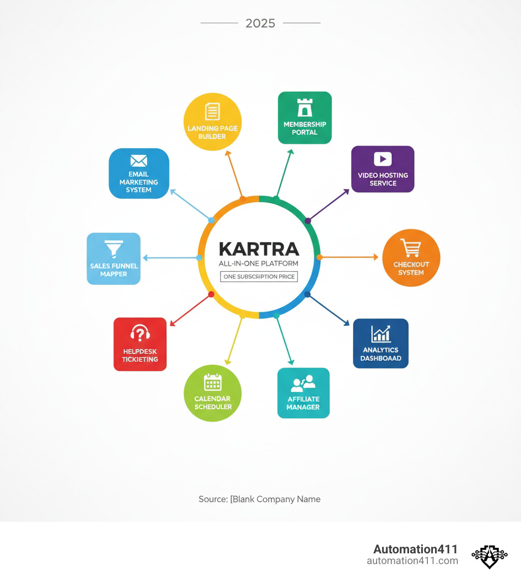 Infographic showing Kartra's all-in-one platform structure with connected components: email marketing system, landing page builder, membership portal, video hosting service, sales funnel mapper, checkout system, helpdesk ticketing, calendar scheduler, affiliate manager, and analytics dashboard all unified under one Kartra subscription price - how much is kartra monthly infographic  Infographic showing Kartra's all-in-one platform structure with connected components: email marketing system, landing page builder, membership portal, video hosting service, sales funnel mapper, checkout system, helpdesk ticketing, calendar scheduler, affiliate manager, and analytics dashboard all unified under one Kartra subscription price - how much is kartra monthly infographic
